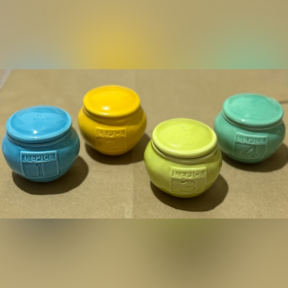 Anthropologie Colorful Ceramic Spice Jar Set — Blue, Yellow, Lime & Teal